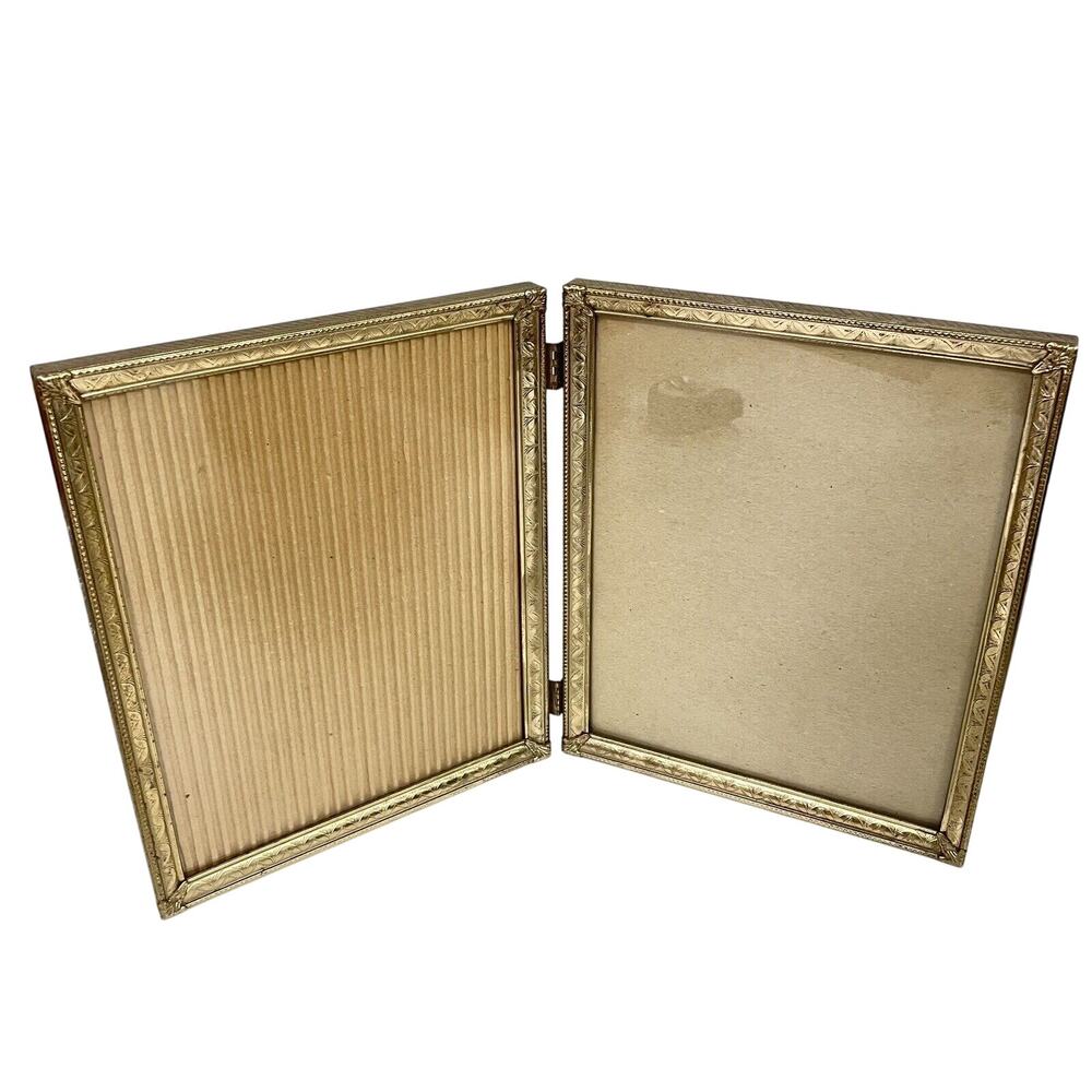 Vintage Folding Brass Ornate Standing Double Picture Photo Frame For 8x10